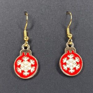 5/$25 Christmas Earrings Red and White Snowflake Ornament Gold Tone Holiday Gift